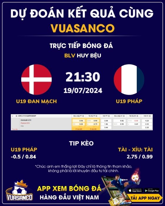 Soi kèo U19 Đan Mạch vs U19 Pháp – 21h30 – 19/07 – U19 Euro